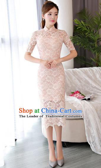 Chinese National Costume Tang Suit Pink Lace Qipao Dress Traditional Republic of China Cheongsam for Women