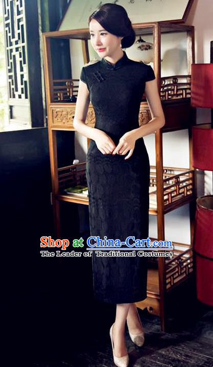 Chinese National Costume Tang Suit Qipao Dress Traditional Republic of China Black Lace Cheongsam for Women