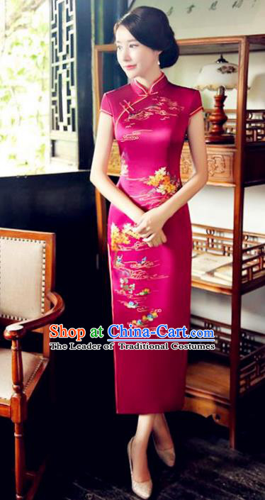 Chinese National Costume Tang Suit Qipao Dress Traditional Republic of China Rosy Silk Cheongsam for Women