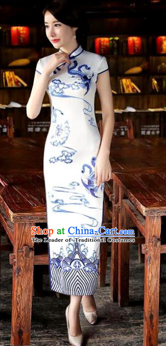 Chinese National Costume Tang Suit Qipao Dress Traditional Republic of China White Silk Cheongsam for Women