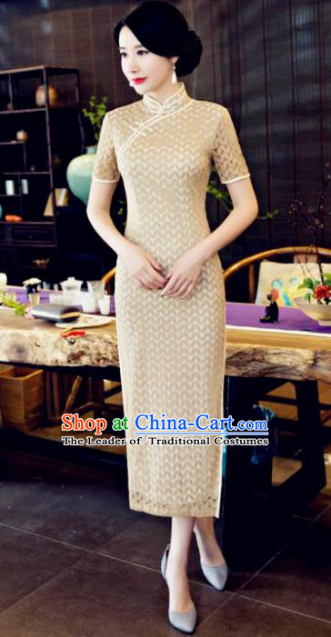 Chinese National Costume Tang Suit Qipao Dress Traditional Republic of China Apricot Cheongsam for Women