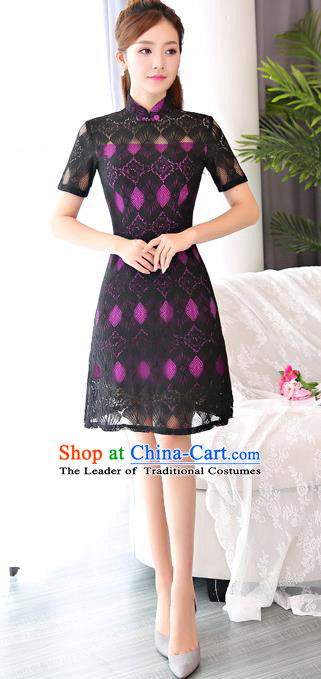 Chinese National Costume Tang Suit Black Lace Qipao Dress Traditional Republic of China Cheongsam for Women