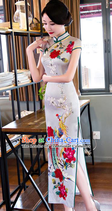 Chinese National Costume Tang Suit Qipao Dress Traditional Republic of China Printing Phoenix Cheongsam for Women