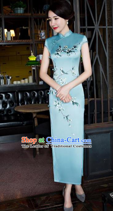 Chinese National Costume Tang Suit Plum Blossom Qipao Dress Traditional Republic of China Blue Silk Cheongsam for Women