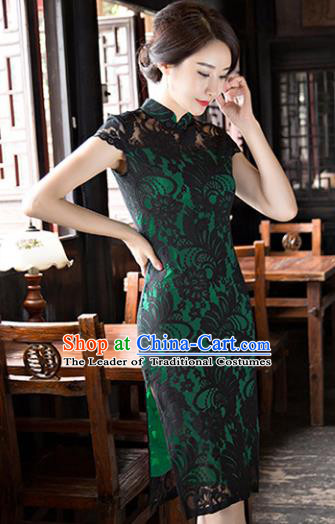 Chinese National Costume Tang Suit Qipao Dress Traditional Republic of China Black Lace Cheongsam for Women