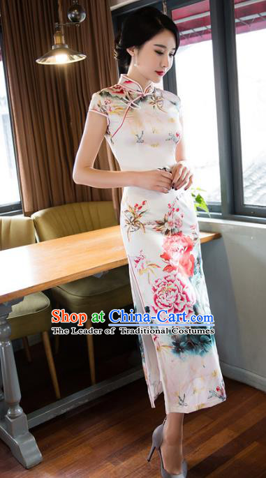 Chinese National Costume Retro Printing Peony Silk Qipao Dress Traditional Republic of China Tang Suit Cheongsam for Women