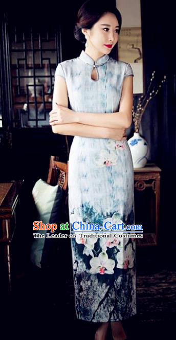 Chinese Top Grade Retro Printing Lotus Blue Silk Qipao Dress Traditional Republic of China Tang Suit Cheongsam for Women