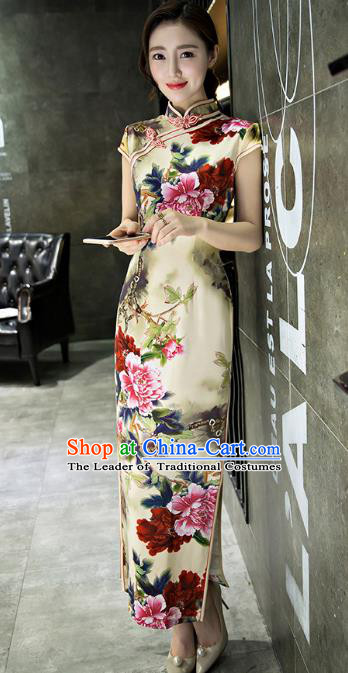 Chinese Top Grade Retro Printing Flowers Yellow Silk Qipao Dress Traditional Republic of China Tang Suit Cheongsam for Women