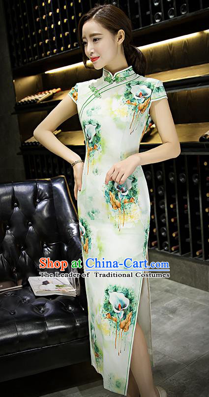 Chinese Top Grade Retro Printing Lily Flowers Green Silk Qipao Dress Traditional Republic of China Tang Suit Cheongsam for Women