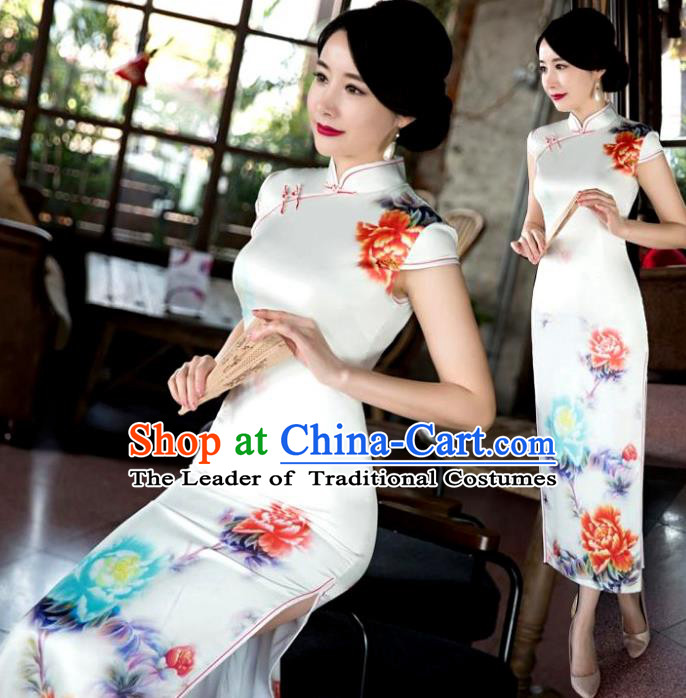 Chinese Top Grade Retro Qipao Dress Traditional Republic of China Tang Suit Printing Peony Cheongsam for Women