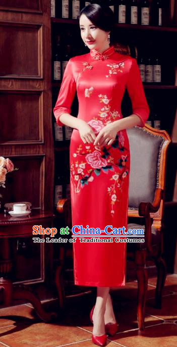 Top Grade Chinese Elegant Printing Peony Red Cheongsam Traditional Republic of China Tang Suit Silk Qipao Dress for Women