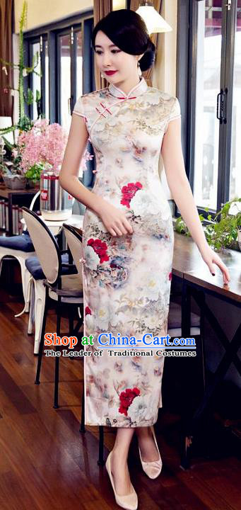 Top Grade Chinese Elegant Printing Peony Flowers Cheongsam Traditional Republic of China Tang Suit Silk Qipao Dress for Women