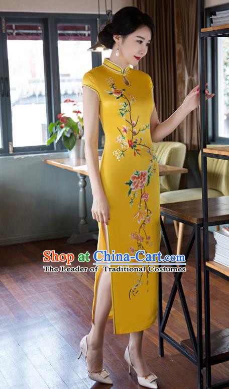 Top Grade Chinese Elegant Cheongsam Traditional China Tang Suit Yellow Silk Qipao Dress for Women