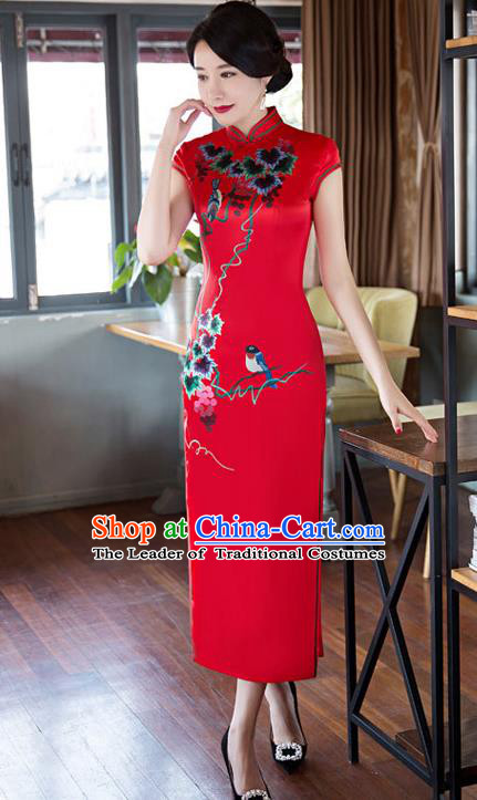 Top Grade Chinese Elegant Cheongsam Traditional China Tang Suit Printing Red Silk Qipao Dress for Women