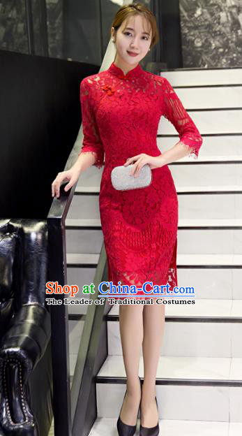 Top Grade Chinese Elegant Red Lace Tassel Cheongsam Traditional China Tang Suit Qipao Dress for Women