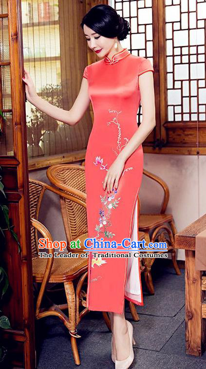 Chinese Top Grade Elegant Cheongsam Traditional Republic of China Tang Suit Orange Silk Qipao Dress for Women