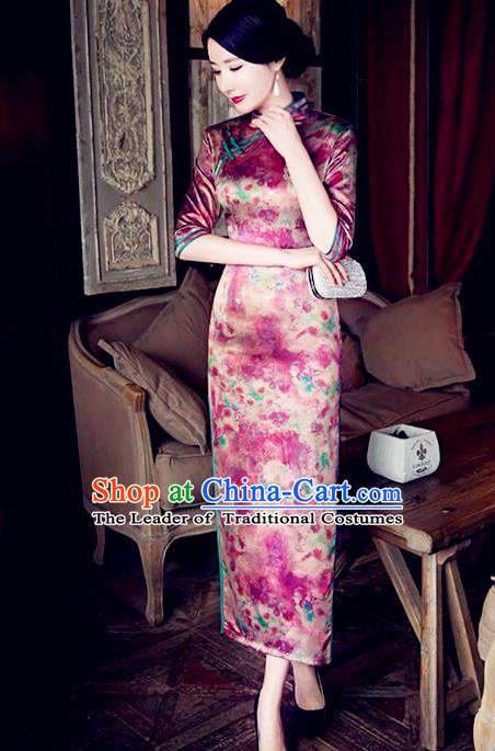 Traditional Top Grade Chinese Elegant Printing Silk Cheongsam China Tang Suit Qipao Dress for Women