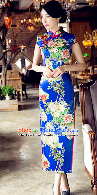 Traditional Chinese Elegant Cheongsam China Tang Suit Printing Peony Blue Qipao Dress for Women