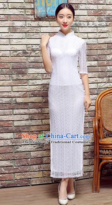 Traditional Chinese Elegant Cheongsam China Tang Suit White Lace Qipao Dress for Women