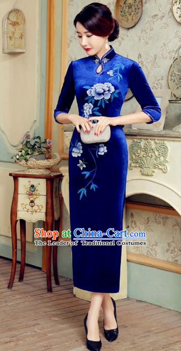 Traditional Chinese Elegant Cheongsam China Tang Suit Printing Flowers Blue Velvet Qipao Dress for Women