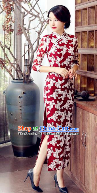 Traditional Chinese Elegant Printing Red Cheongsam China Tang Suit Qipao Dress for Women