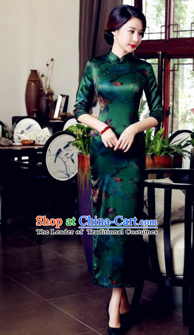 Traditional Chinese Elegant Printing Green Watered Gauze Cheongsam China Tang Suit Qipao Dress for Women