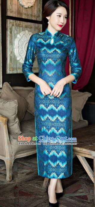 Traditional Chinese Elegant Blue Lace Cheongsam China Tang Suit Qipao Dress for Women