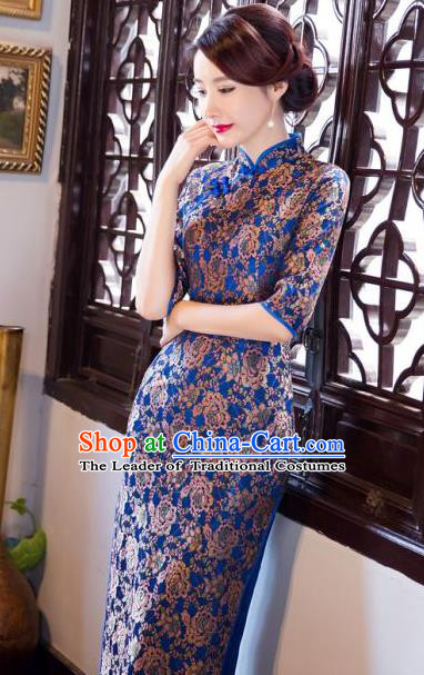 Chinese Traditional Costume Elegant Silk Cheongsam China Tang Suit Blue Qipao Dress for Women