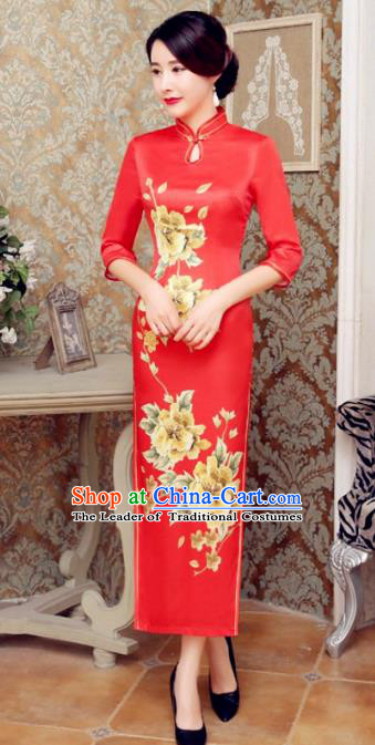 Chinese Traditional Costume Elegant Cheongsam China Tang Suit Printing Flowers Red Velvet Qipao Dress for Women