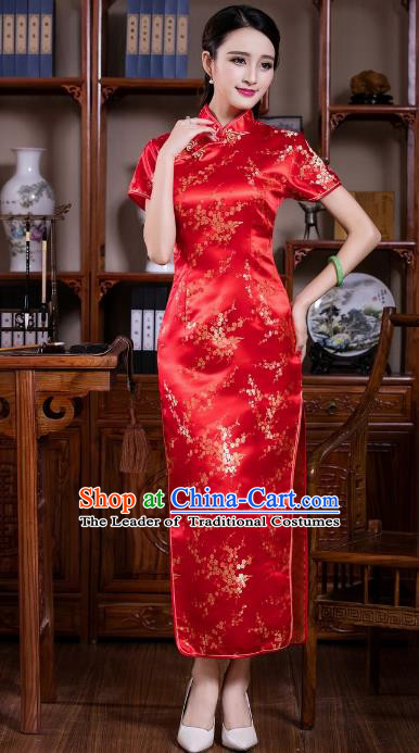 Chinese Traditional Costume Graceful Plum Blossom Cheongsam China Tang Suit Red Brocade Qipao Dress for Women