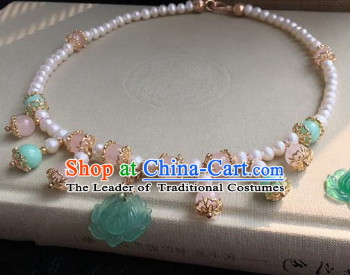 Traditional Handmade Chinese Ancient Classical Accessories Green Lotus Necklace Pearls Necklet for Women