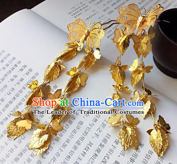 Traditional Handmade Chinese Ancient Classical Hair Accessories Golden Butterfly Tassel Hairpins for Women