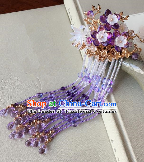 Traditional Handmade Chinese Ancient Classical Hair Accessories Purple Beads Tassel Hair Stick Hairpins for Women