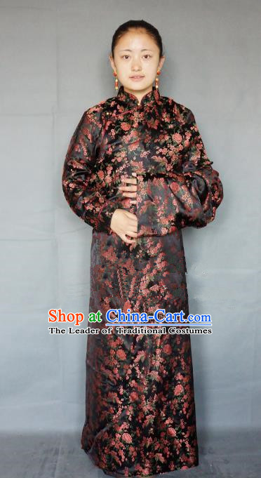 Chinese Traditional Zang Nationality Black Brocade Tibetan Robe, China Tibetan Ethnic Heishui Dance Costume for Women