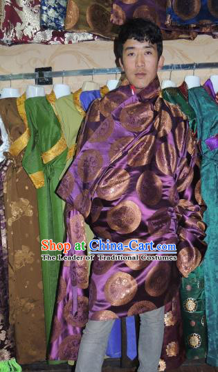 Chinese Traditional Zang Nationality Purple Tibetan Robe, China Tibetan Ethnic Heishui Dance Costume for Men