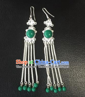 Chinese Traditional Zang Nationality Green Earrings Accessories, China Tibetan Ethnic Silver Eardrop for Women