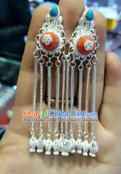 Chinese Traditional Zang Nationality Earrings Accessories, China Tibetan Ethnic Silver Tassel Eardrop for Women