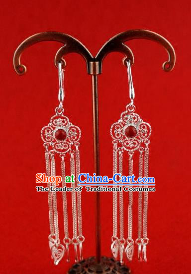 Chinese Traditional Zang Nationality Sliver Earrings Jewelry Accessories, China Tibetan Ethnic Eardrop for Women