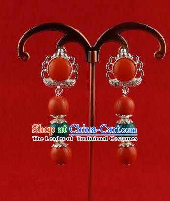 Chinese Traditional Zang Nationality Jewelry Accessories Sliver Earrings, China Tibetan Ethnic Red Beads Eardrop for Women