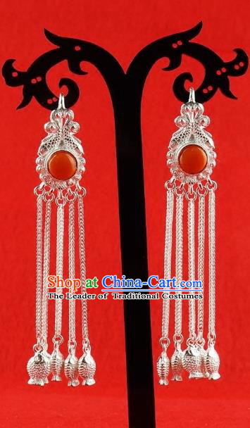 Chinese Traditional Zang Nationality Handmade Sliver Tassel Earrings, China Tibetan Ethnic Eardrop for Women