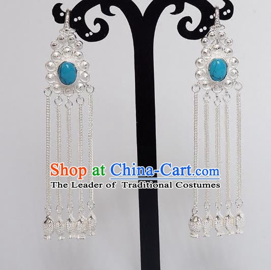 Chinese Traditional Zang Nationality Handmade Sliver Tassel Blue Earrings, China Tibetan Ethnic Eardrop for Women