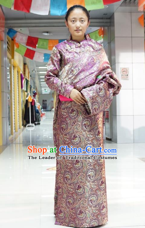 Chinese Zang Nationality Purple Tibetan Robe, China Traditional Tibetan Ethnic Heishui Dance Costume for Women