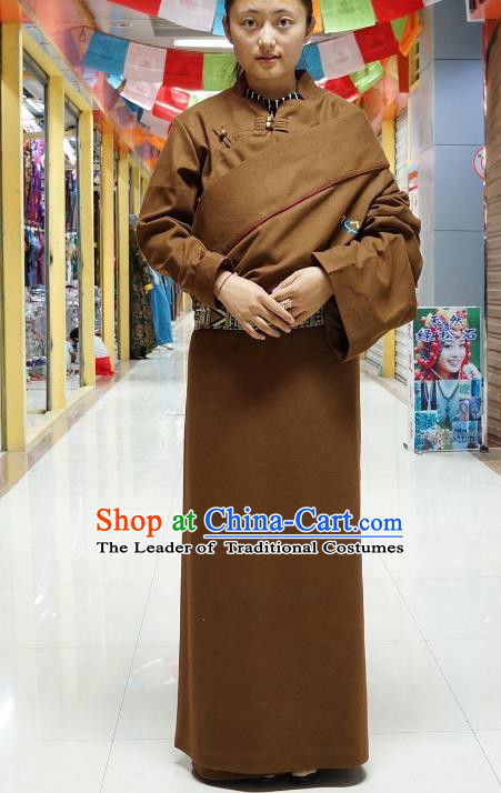 Chinese Zang Nationality Coffee Tibetan Robe, China Traditional Tibetan Ethnic Heishui Dance Costume for Women