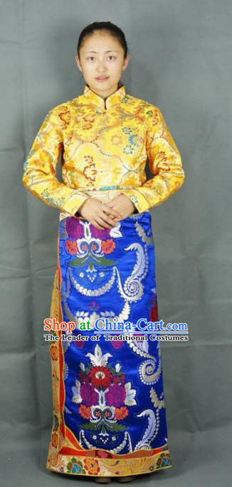 Chinese Zang Nationality Blue Brocade Tibetan Bust Skirt, China Traditional Tibetan Ethnic Heishui Dance Costume for Women
