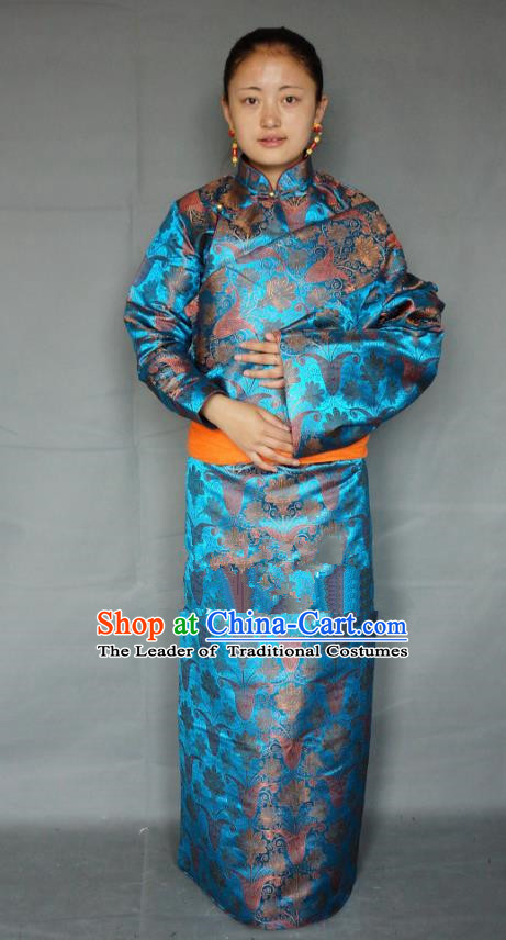 Chinese Zang Nationality Blue Tibetan Robe, China Traditional Tibetan Ethnic Heishui Dance Costume for Women