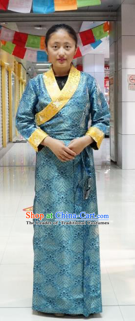 Chinese Zang Nationality Navy Tibetan Dress, China Traditional Tibetan Ethnic Heishui Dance Costume for Women