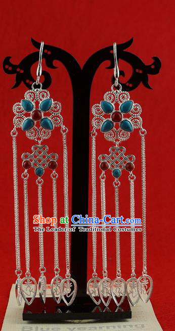 Chinese Traditional Zang Nationality Handmade Sliver Earrings, China Tibetan Ethnic Eardrop for Women