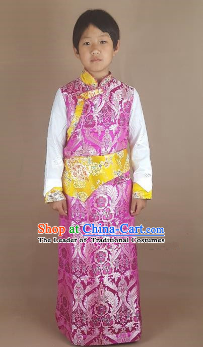 Chinese Traditional Zang Nationality Children Pink Tibetan Robe, China Tibetan Ethnic Heishui Dance Costume for Kids