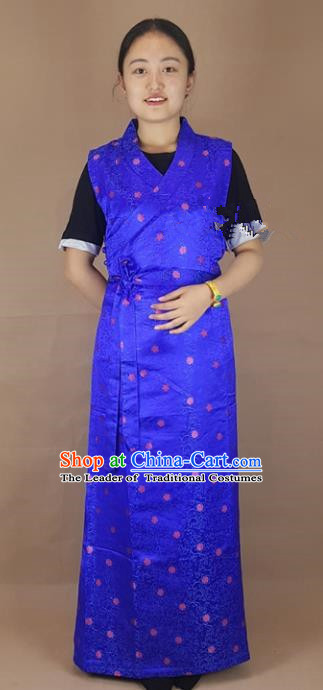 Chinese Zang Nationality Folk Dance Royalblue Brocade Dress, China Traditional Tibetan Ethnic Costume for Women