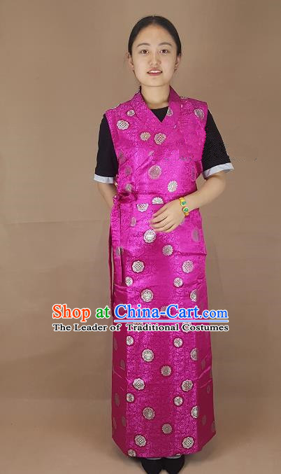 Chinese Zang Nationality Folk Dance Rosy Brocade Dress, China Traditional Tibetan Ethnic Costume for Women